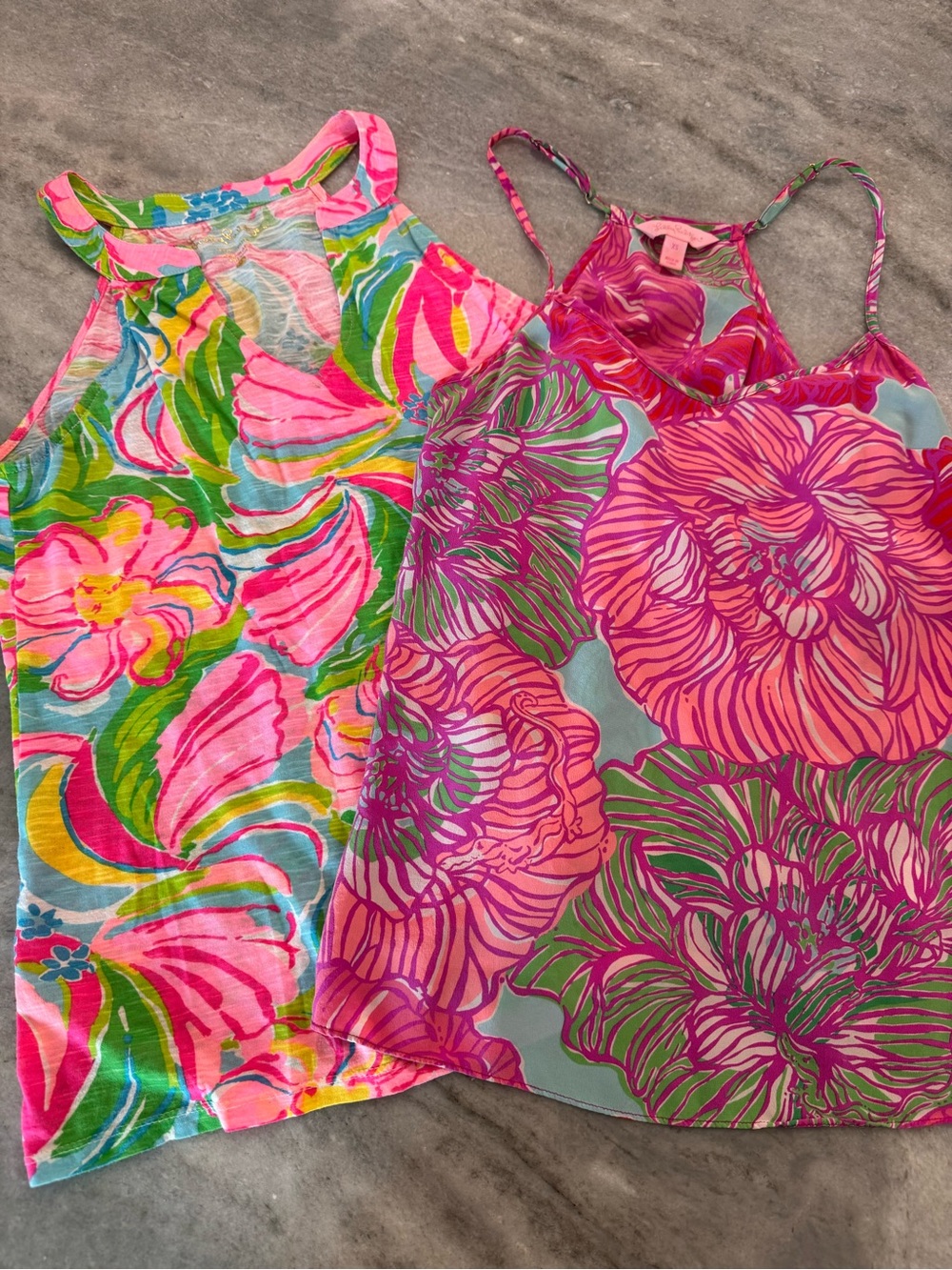 2 Lilly Pulitzer Pink, Green & Aqua Floral Halter Tanks